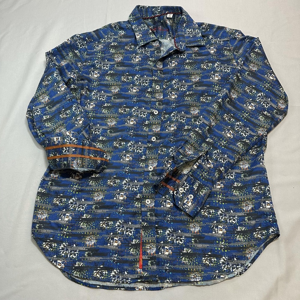 Robert Graham Shirt Mens L Blue AOP Cotton Contrast Trim Abstract Casual